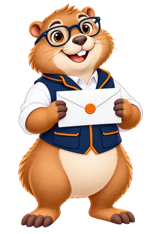 Marmota de óculos e colete azul-marinho segurando um envelope
