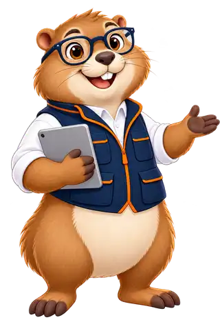 Marmota de óculos e colete azul-marinho apresentando um tablet