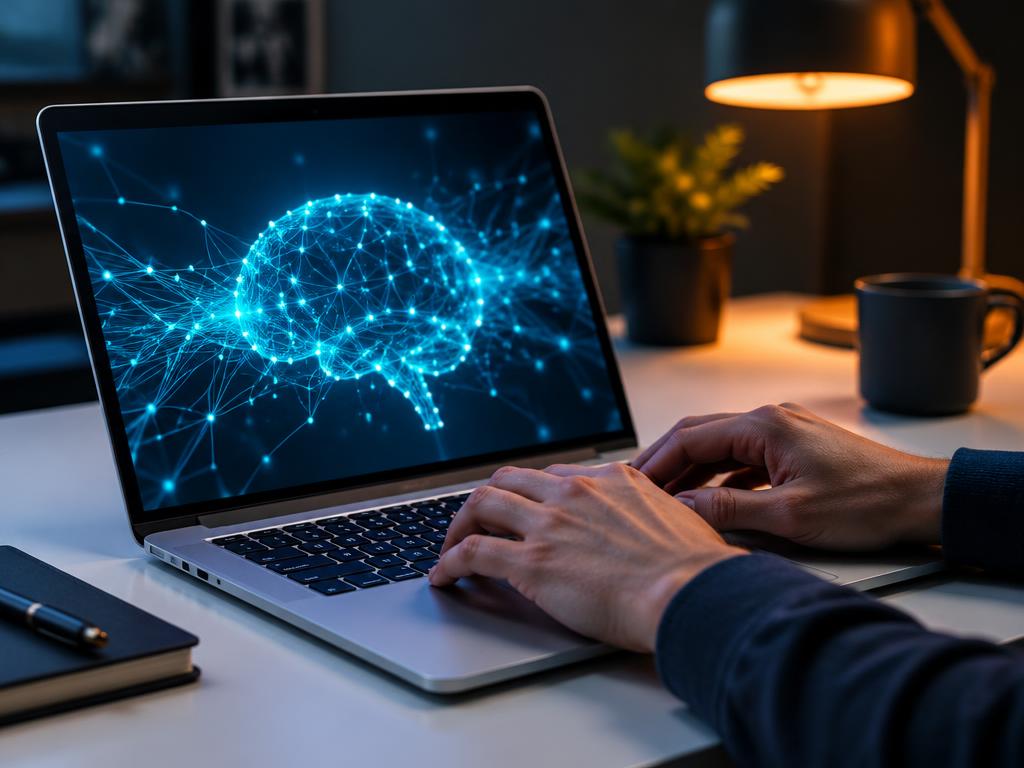 Ilustração tecnológica genérica de notebook e inteligência artificial; imagem gerada com IA.